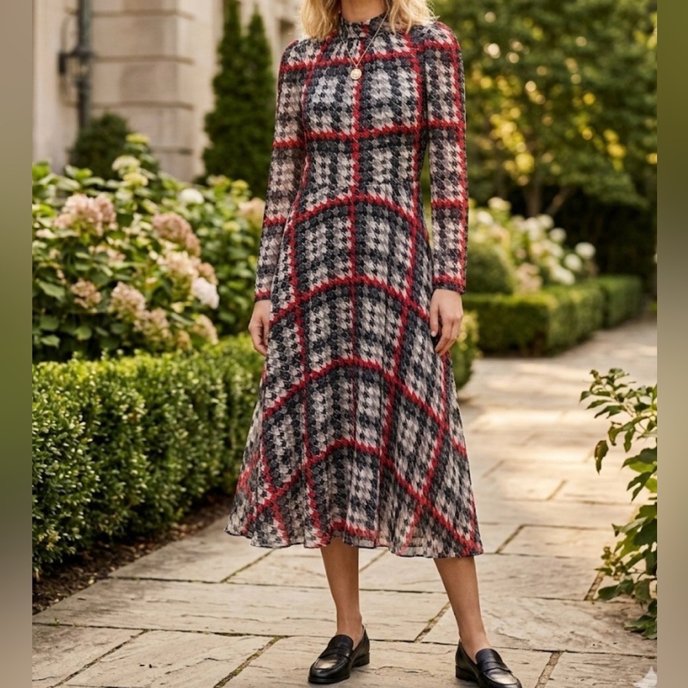 Plaid Midi Fit-and-Flare Dress in Red and Black